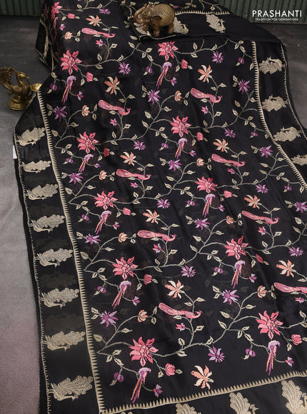 Pure organza silk saree black with allover embroidery and zari woven butta border