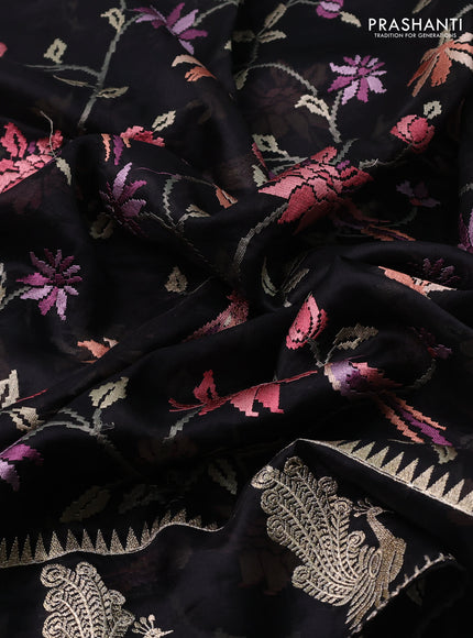 Pure organza silk saree black with allover embroidery and zari woven butta border