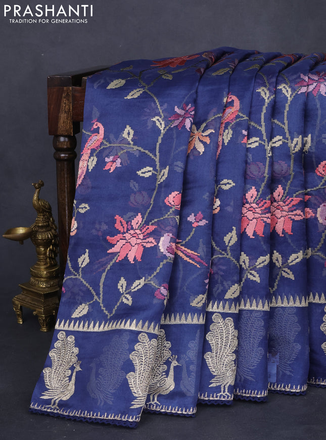 Pure organza silk saree peacock blue with allover embroidery and zari woven butta border