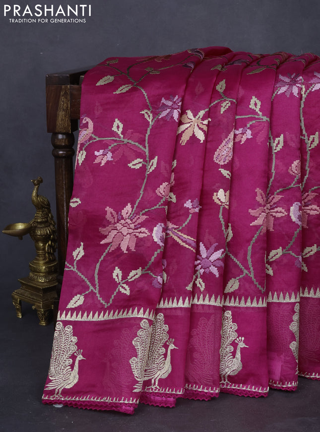 Pure organza silk saree pink with allover embroidery and zari woven butta border