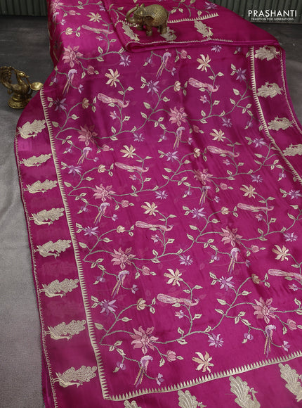 Pure organza silk saree pink with allover embroidery and zari woven butta border