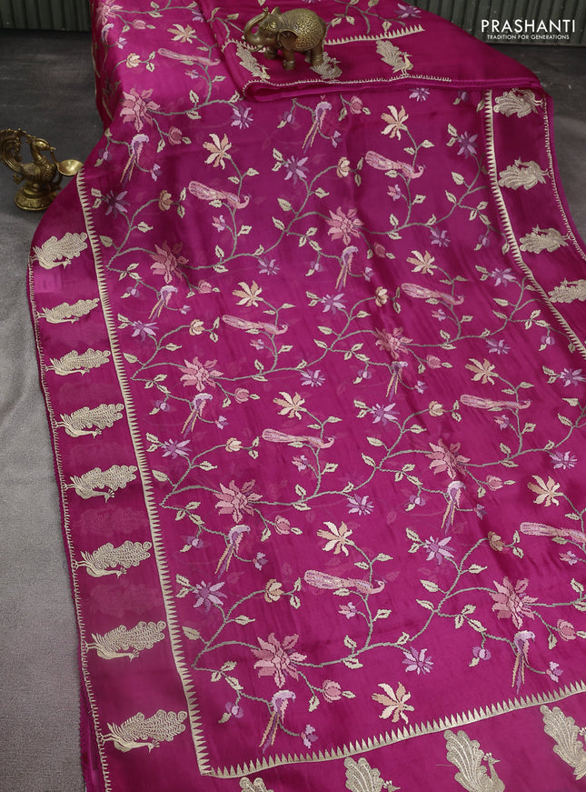 Pure organza silk saree pink with allover embroidery and zari woven butta border