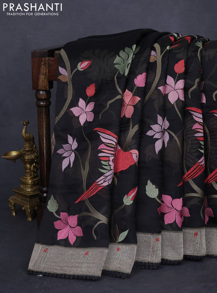 Pure organza silk saree black with allover embroidery and zari woven muniya butta border