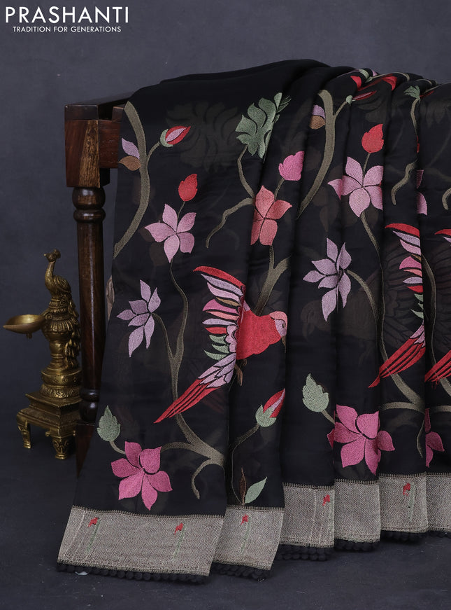 Pure organza silk saree black with allover embroidery and zari woven muniya butta border