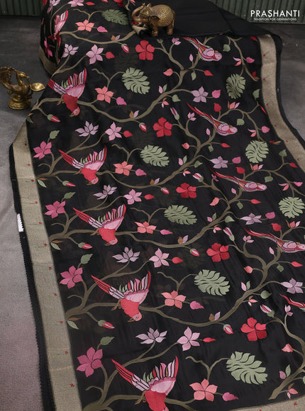 Pure organza silk saree black with allover embroidery and zari woven muniya butta border