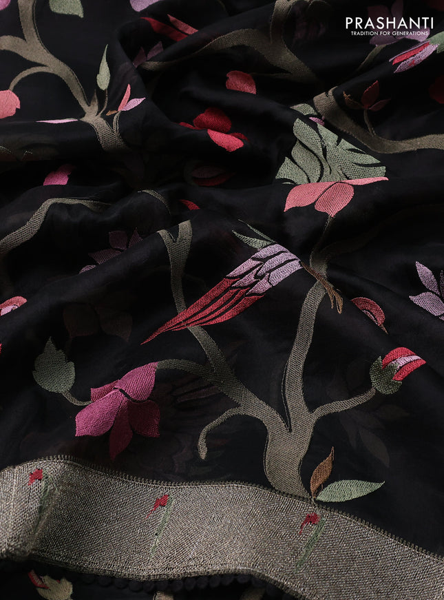 Pure organza silk saree black with allover embroidery and zari woven muniya butta border