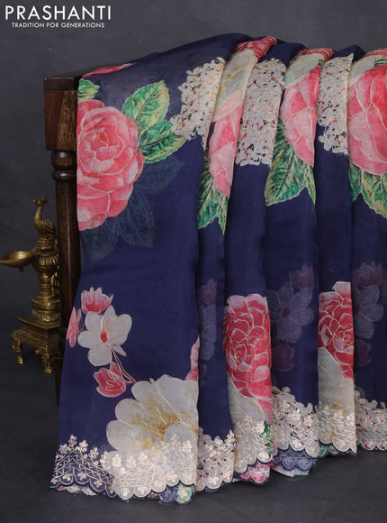 Pure organza silk saree navy blue with floral digital prints & pita work and pita work border