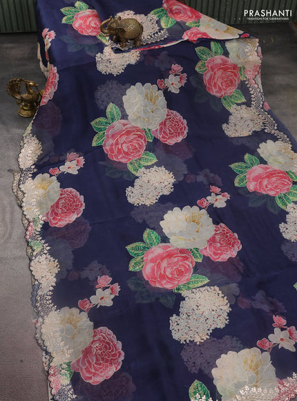 Pure organza silk saree navy blue with floral digital prints & pita work and pita work border