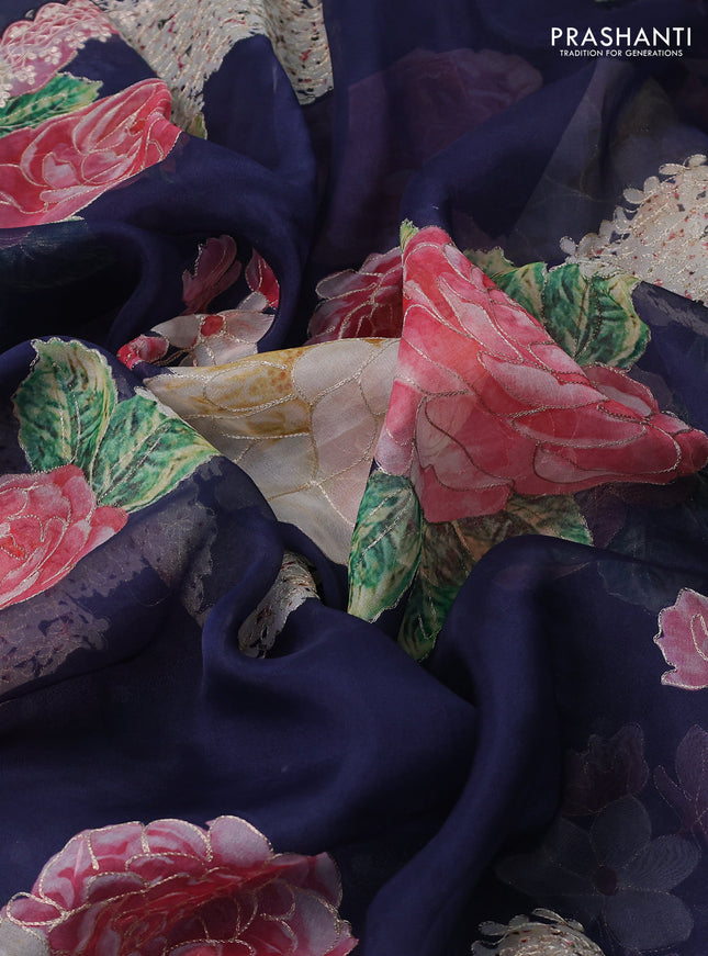Pure organza silk saree navy blue with floral digital prints & pita work and pita work border
