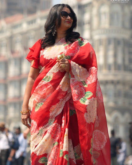 Pure organza silk saree maroon with floral digital prints & pita work and pita work border