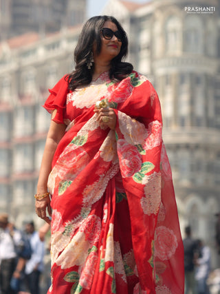 Pure organza silk saree maroon with floral digital prints & pita work and pita work border