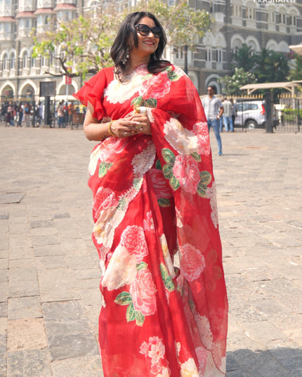 Pure organza silk saree maroon with floral digital prints & pita work and pita work border