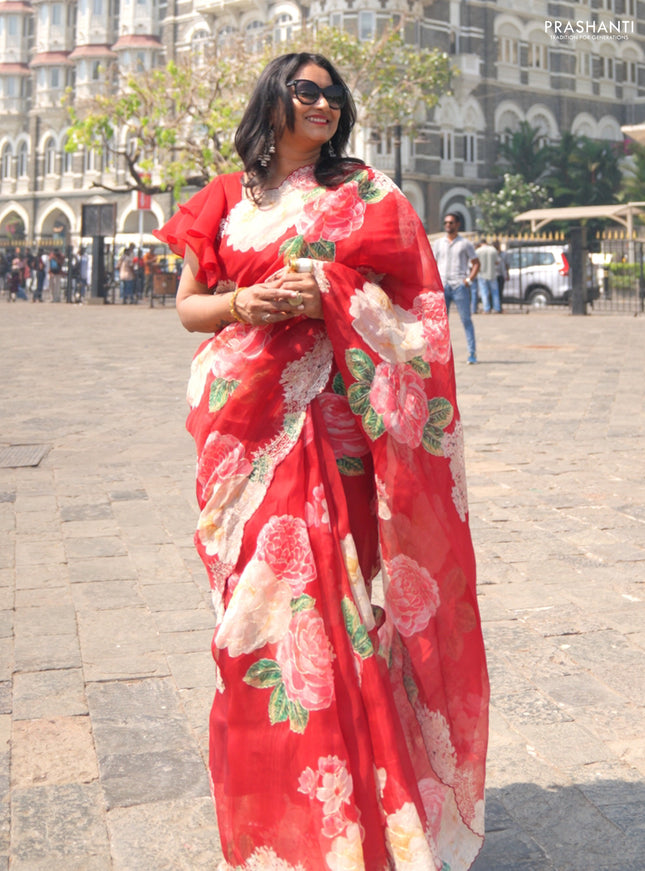 Pure organza silk saree maroon with floral digital prints & pita work and pita work border