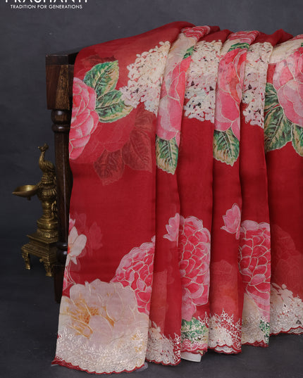Pure organza silk saree maroon with floral digital prints & pita work and pita work border