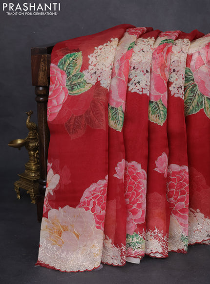 Pure organza silk saree maroon with floral digital prints & pita work and pita work border