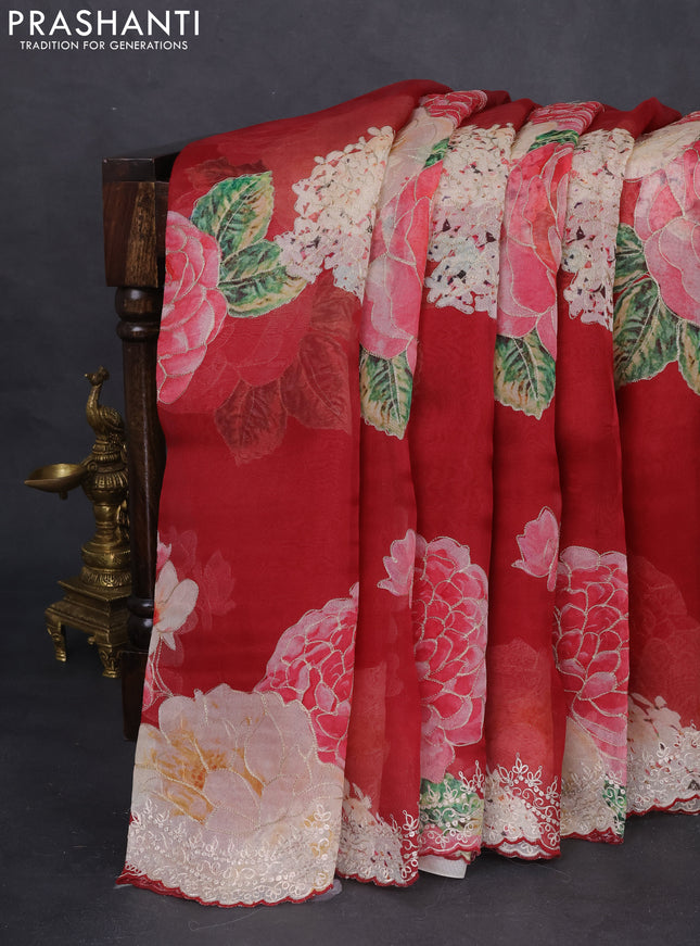 Pure organza silk saree maroon with floral digital prints & pita work and pita work border