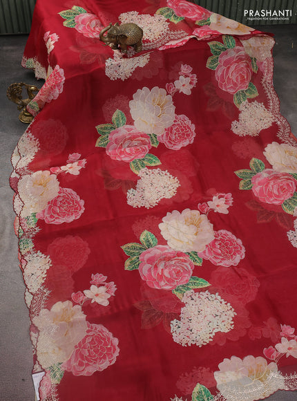 Pure organza silk saree maroon with floral digital prints & pita work and pita work border