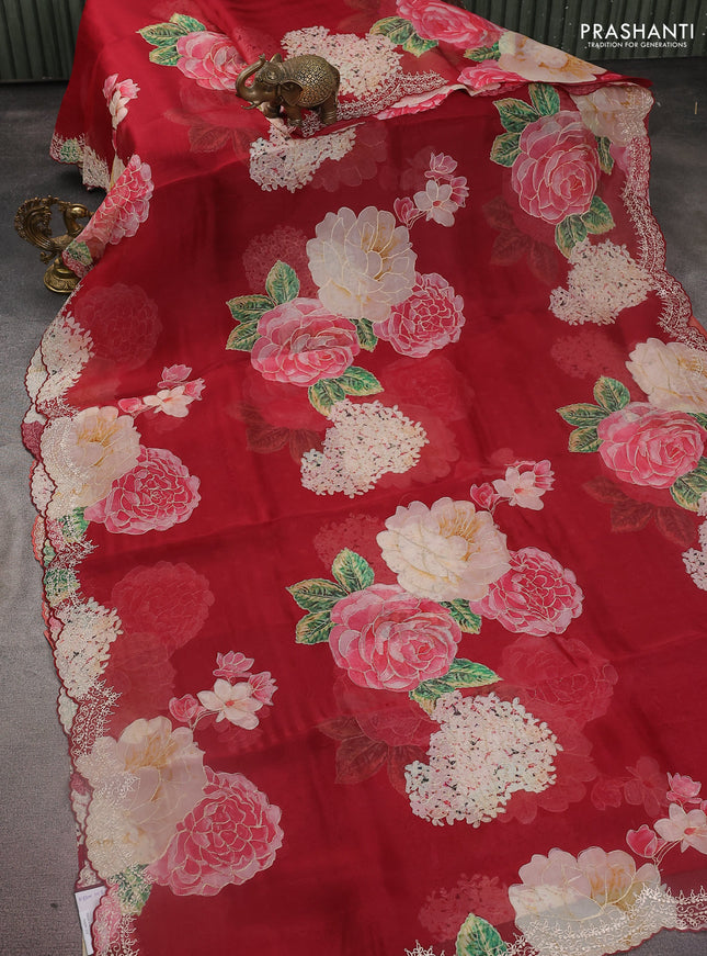 Pure organza silk saree maroon with floral digital prints & pita work and pita work border