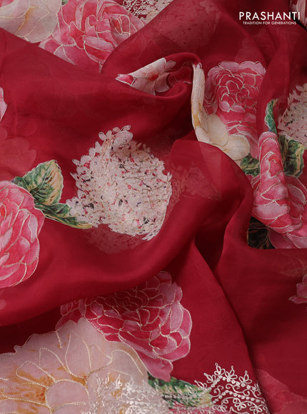 Pure organza silk saree maroon with floral digital prints & pita work and pita work border