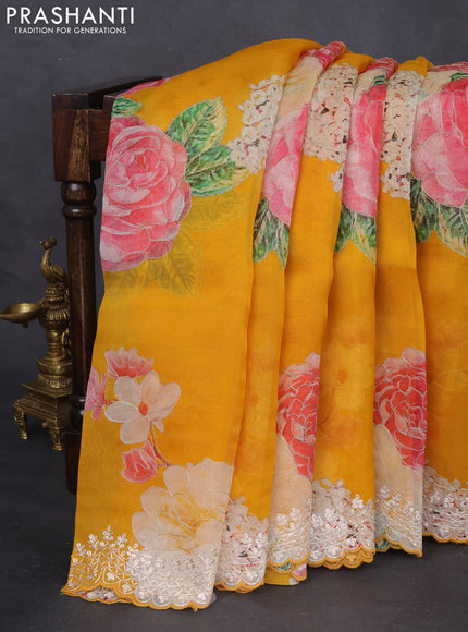 Pure organza silk saree mustard yellow with floral digital prints & pita work and pita work border