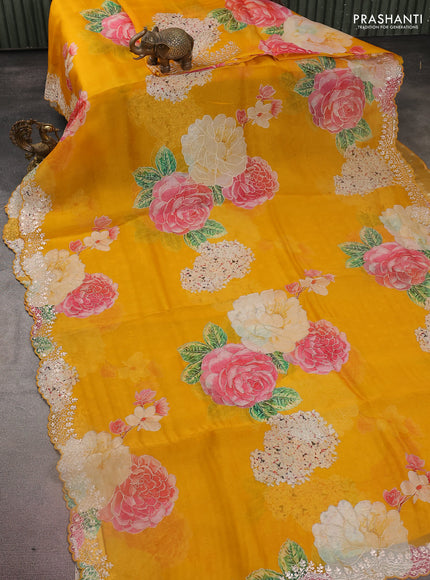 Pure organza silk saree mustard yellow with floral digital prints & pita work and pita work border