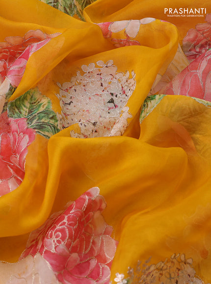 Pure organza silk saree mustard yellow with floral digital prints & pita work and pita work border
