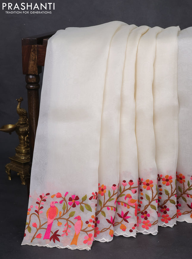 Pure organza silk saree off white with plain body and embroidery work border