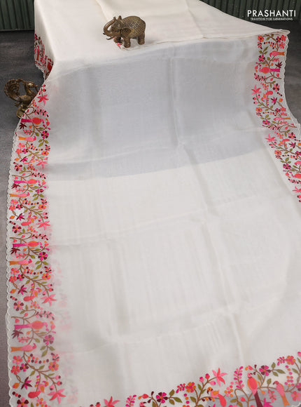 Pure organza silk saree off white with plain body and embroidery work border