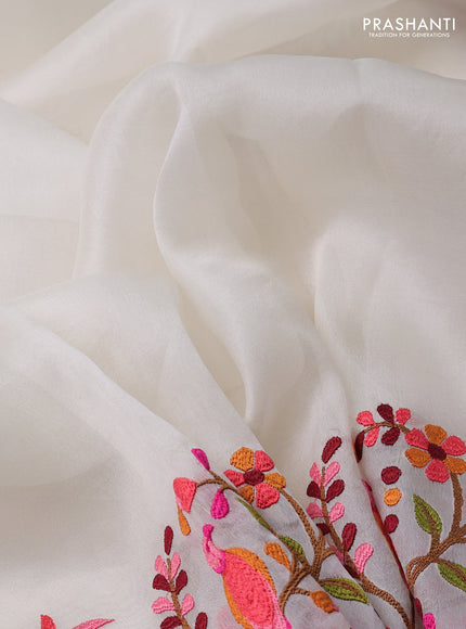 Pure organza silk saree off white with plain body and embroidery work border