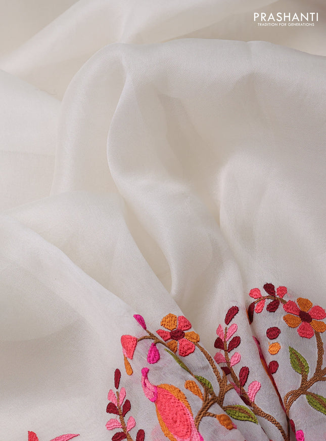 Pure organza silk saree off white with plain body and embroidery work border