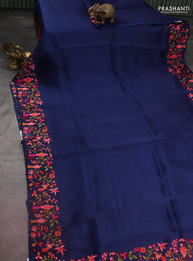 Pure organza silk saree blue with plain body and floral design embroidery border