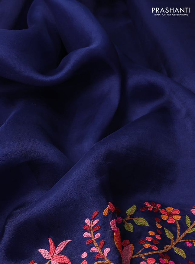 Pure organza silk saree blue with plain body and floral design embroidery border