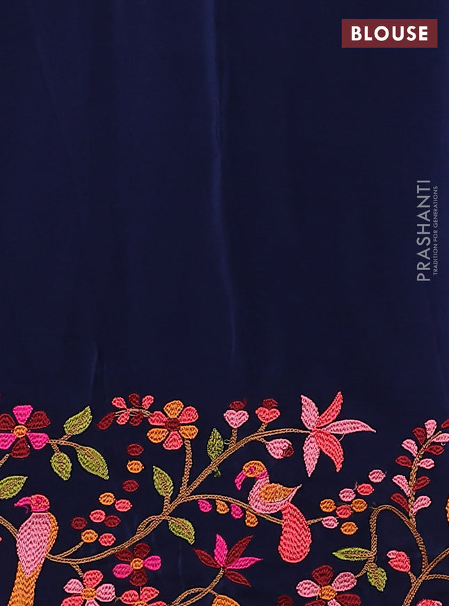 Pure organza silk saree blue with plain body and floral design embroidery border