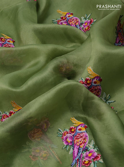 Pure organza silk saree sap green with bird design kutch embroidery and zari woven border
