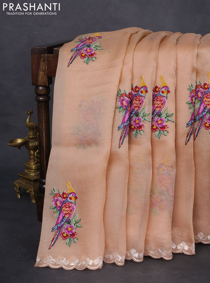 Pure organza silk saree sandal with bird design kutch embroidery and zari woven border