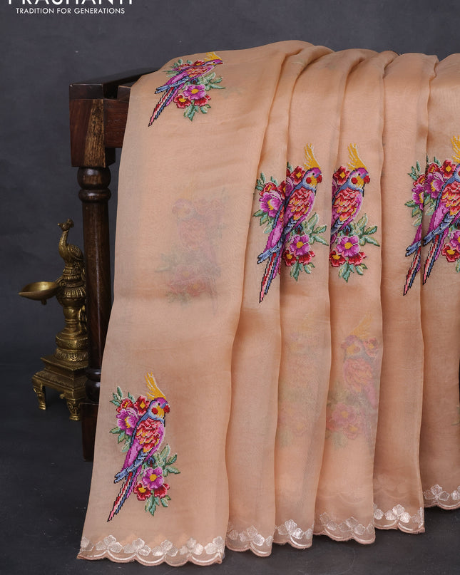 Pure organza silk saree sandal with bird design kutch embroidery and zari woven border