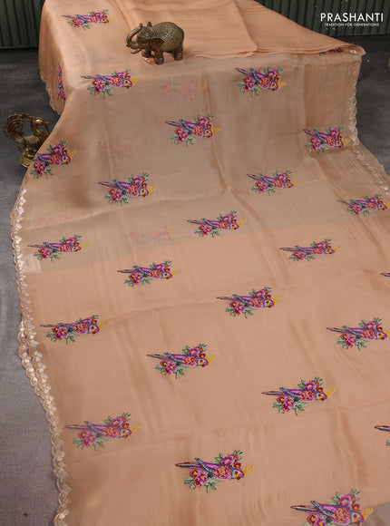 Pure organza silk saree sandal with bird design kutch embroidery and zari woven border