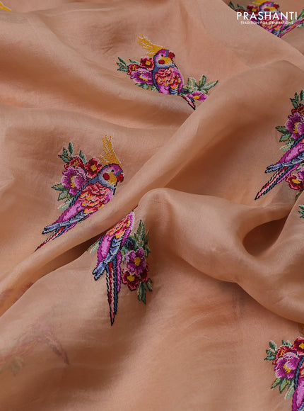 Pure organza silk saree sandal with bird design kutch embroidery and zari woven border