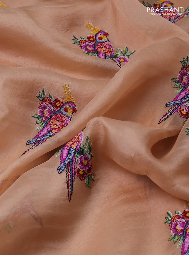 Pure organza silk saree sandal with bird design kutch embroidery and zari woven border