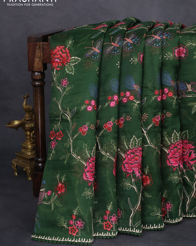 Pure organza silk saree dark green with allover floral embroidery and lace work border