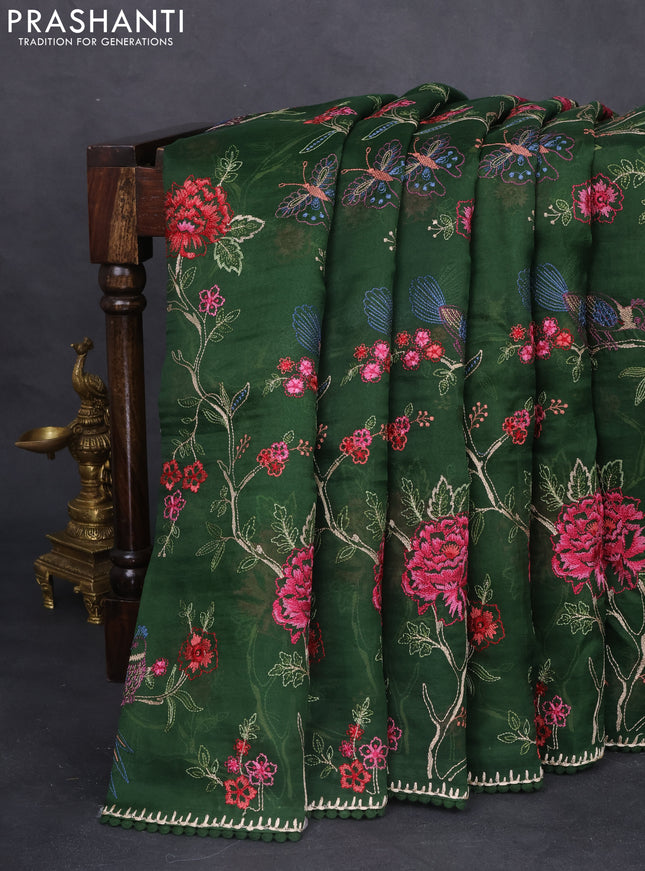 Pure organza silk saree dark green with allover floral embroidery and lace work border