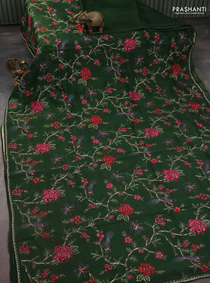 Pure organza silk saree dark green with allover floral embroidery and lace work border