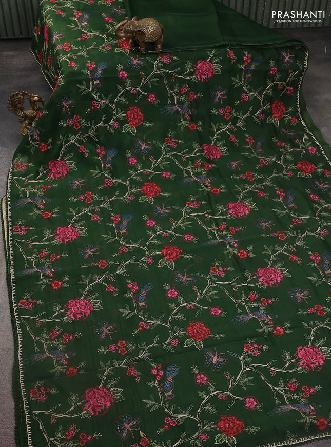 Pure organza silk saree dark green with allover floral embroidery and lace work border