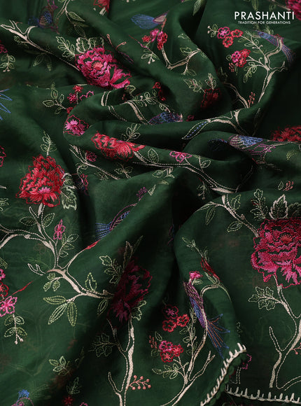 Pure organza silk saree dark green with allover floral embroidery and lace work border
