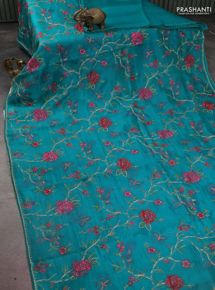 Pure organza silk saree teal green with allover floral embroidery and lace work border