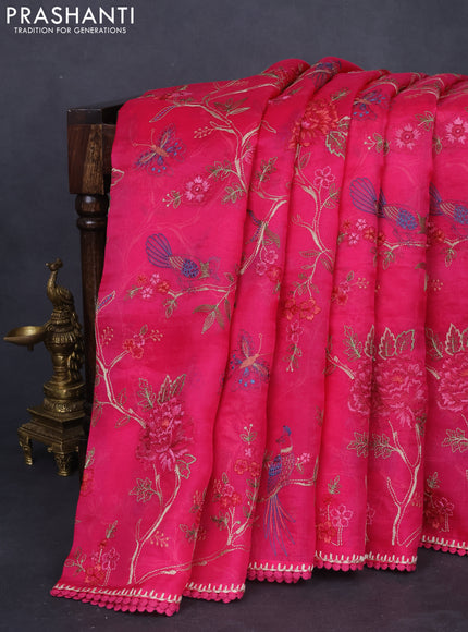 Pure organza silk saree pink with allover floral embroidery and lace work border