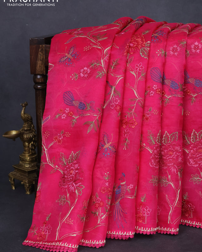 Pure organza silk saree pink with allover floral embroidery and lace work border