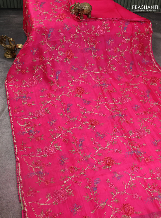 Pure organza silk saree pink with allover floral embroidery and lace work border