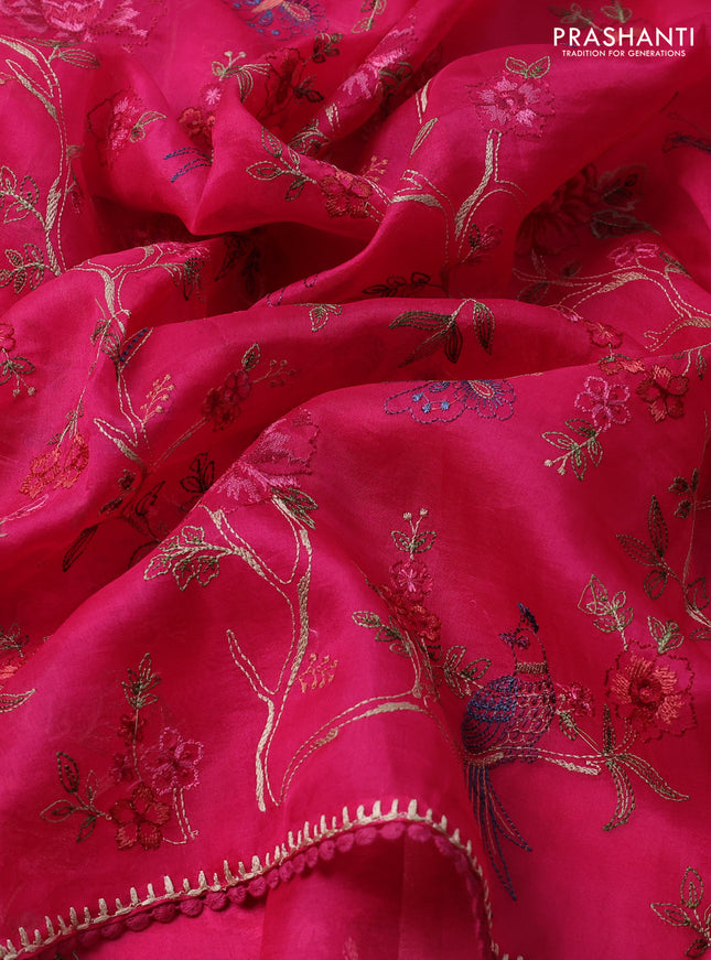 Pure organza silk saree pink with allover floral embroidery and lace work border