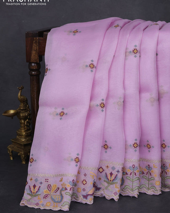 Pure organza silk saree lavender with embroided buttas and embroided border